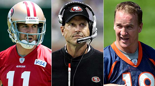 Jim Harbaugh calls perception that 49ers were 'pursuing' Peyton Manning  'silly' 