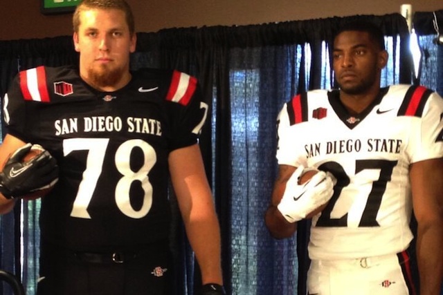 San Diego State revealed the new uniforms for 2013 at a news conference Thursday. (Stefanie Loh/Twitter.com)